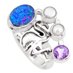 Clearance Sale- Natural blue doublet opal australian 925 silver flamingo ring size 7.5 p54089