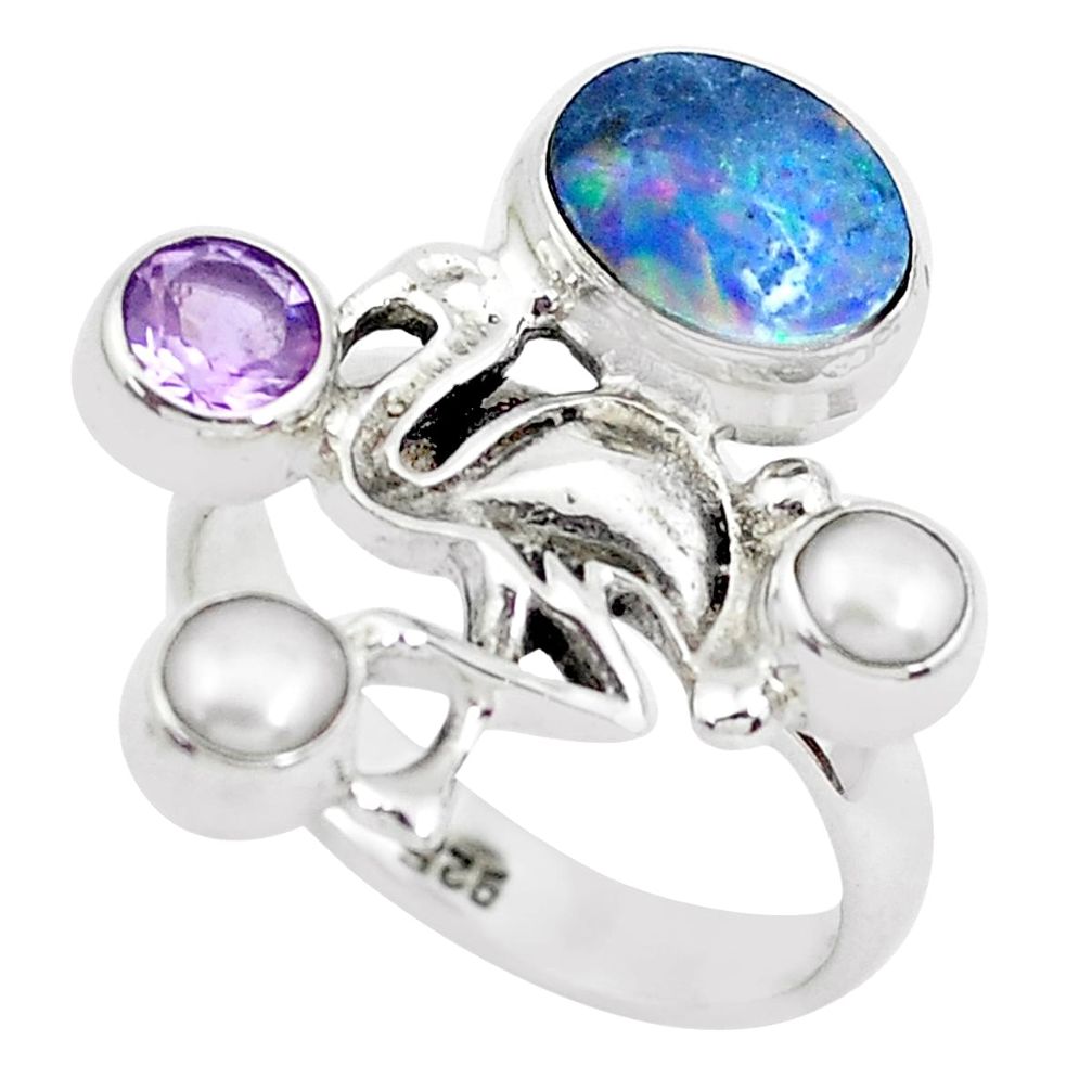 Natural blue doublet opal australian 925 silver flamingo ring size 8 p49983