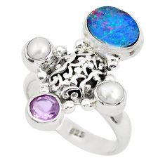 Clearance Sale- 5.08cts natural blue doublet opal australian 925 silver ring size 7.5 p49961