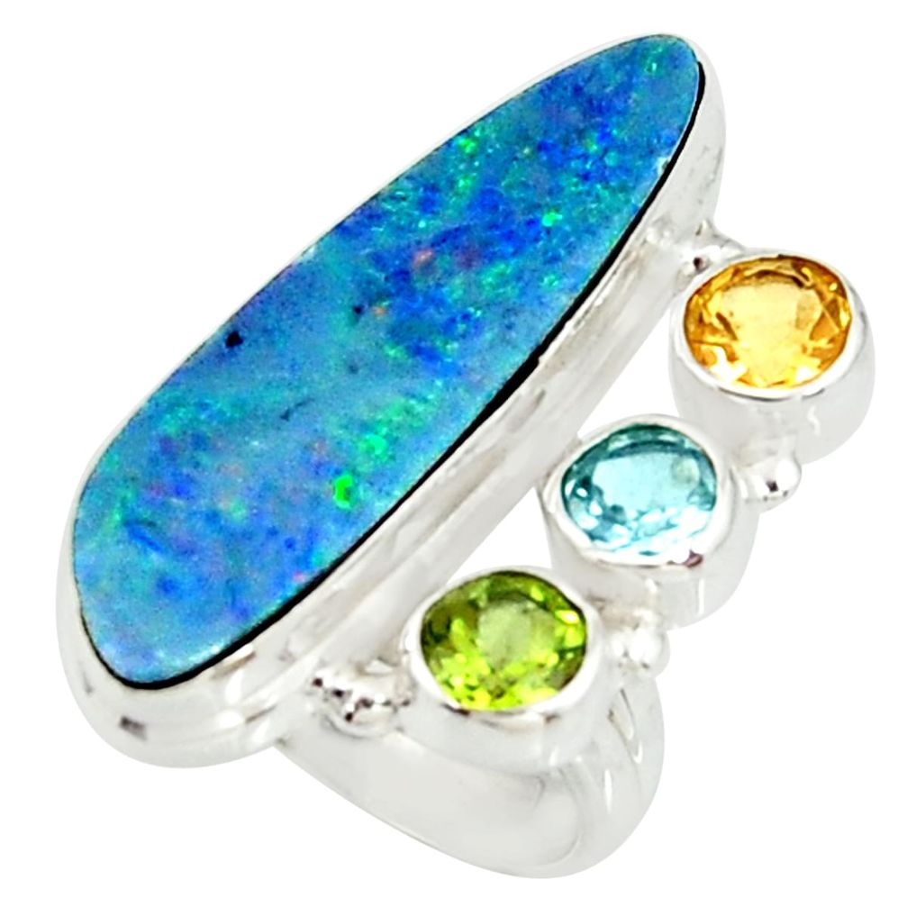 7.58cts natural blue doublet opal australian 925 silver ring size 6.5 r22634