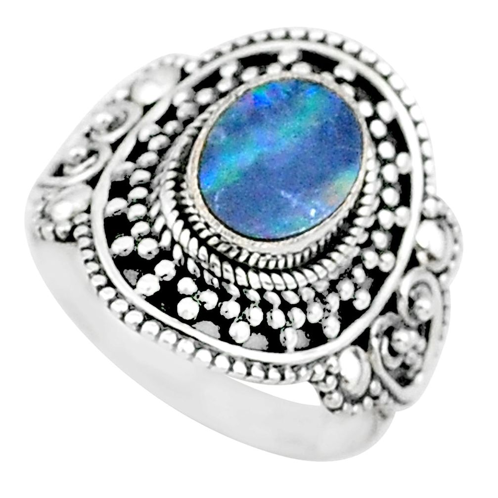 1.91cts natural blue doublet opal australian 925 silver ring size 7.5 t14536