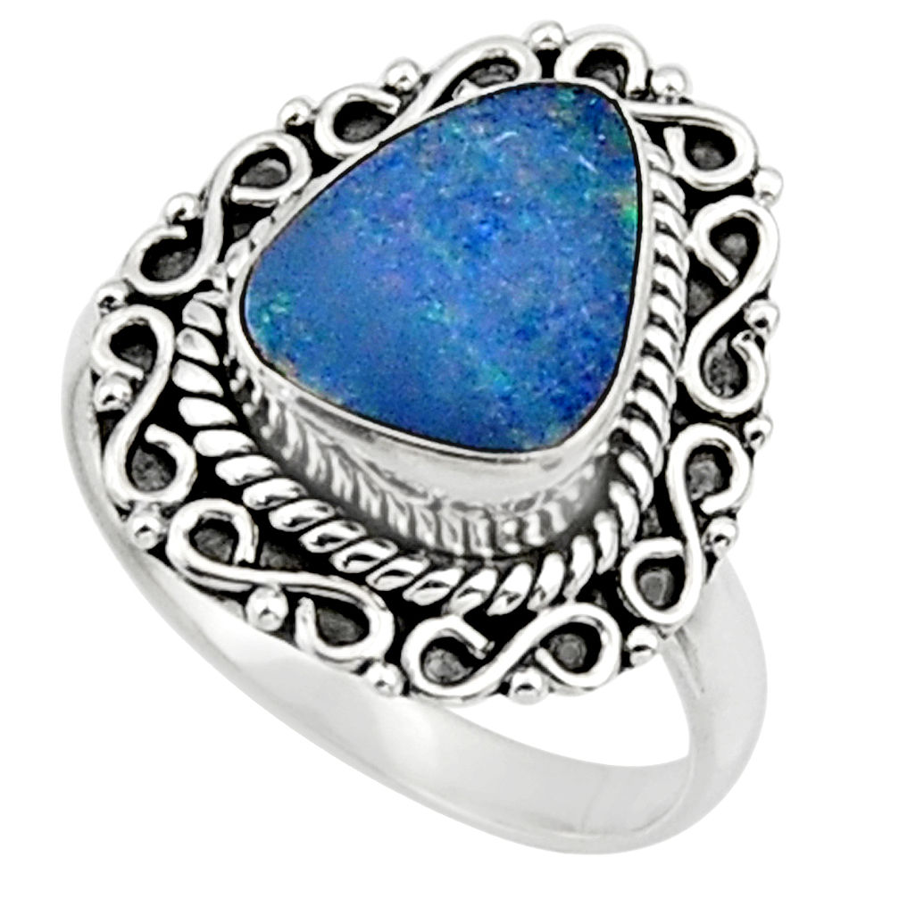 Natural blue doublet opal australian 925 silver solitaire ring size 7.5 r47318