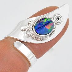 2.37cts natural blue doublet opal australian oval 925 silver ring size 5 u87960