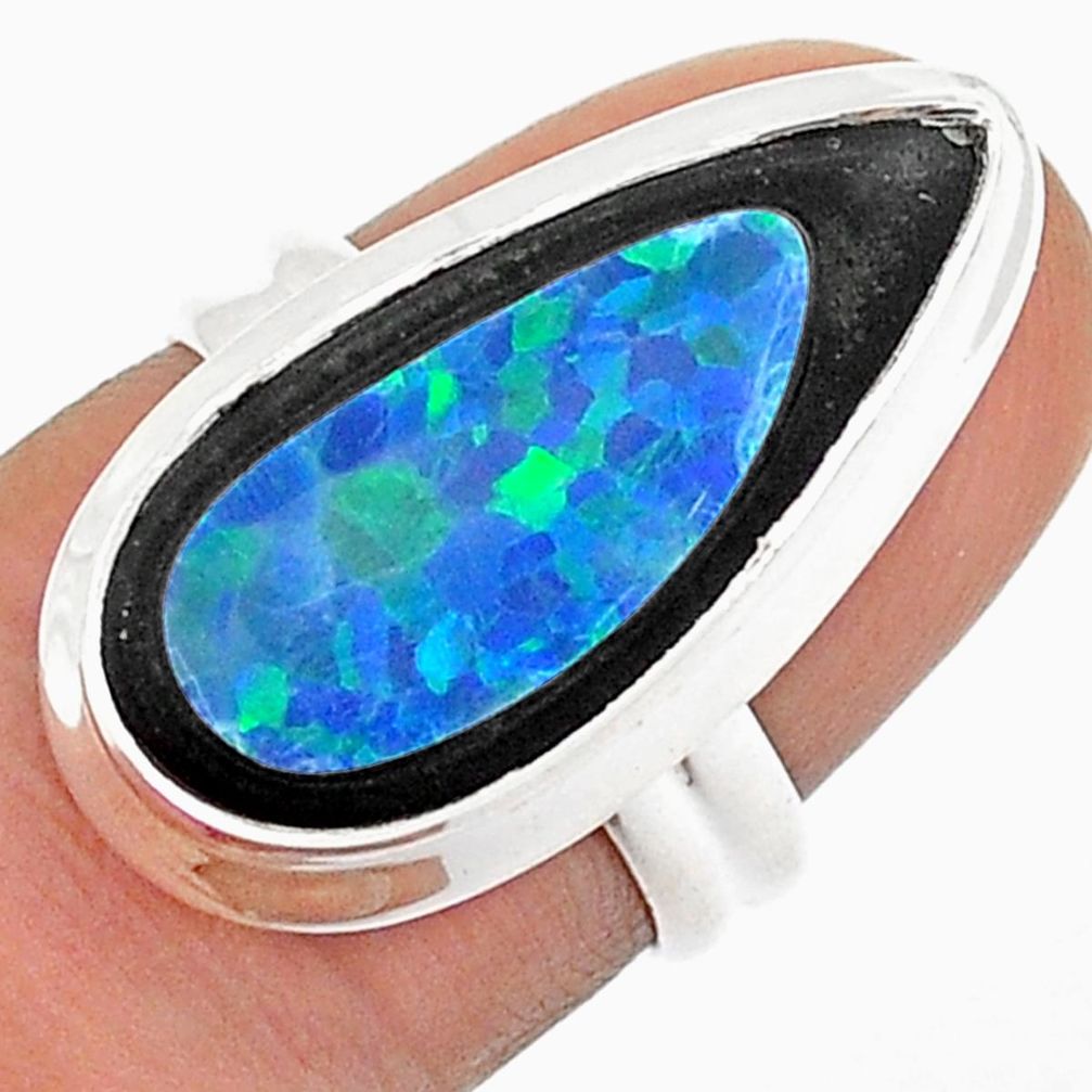 8.48cts natural blue doublet opal australian pear silver ring size 6.5 u88096