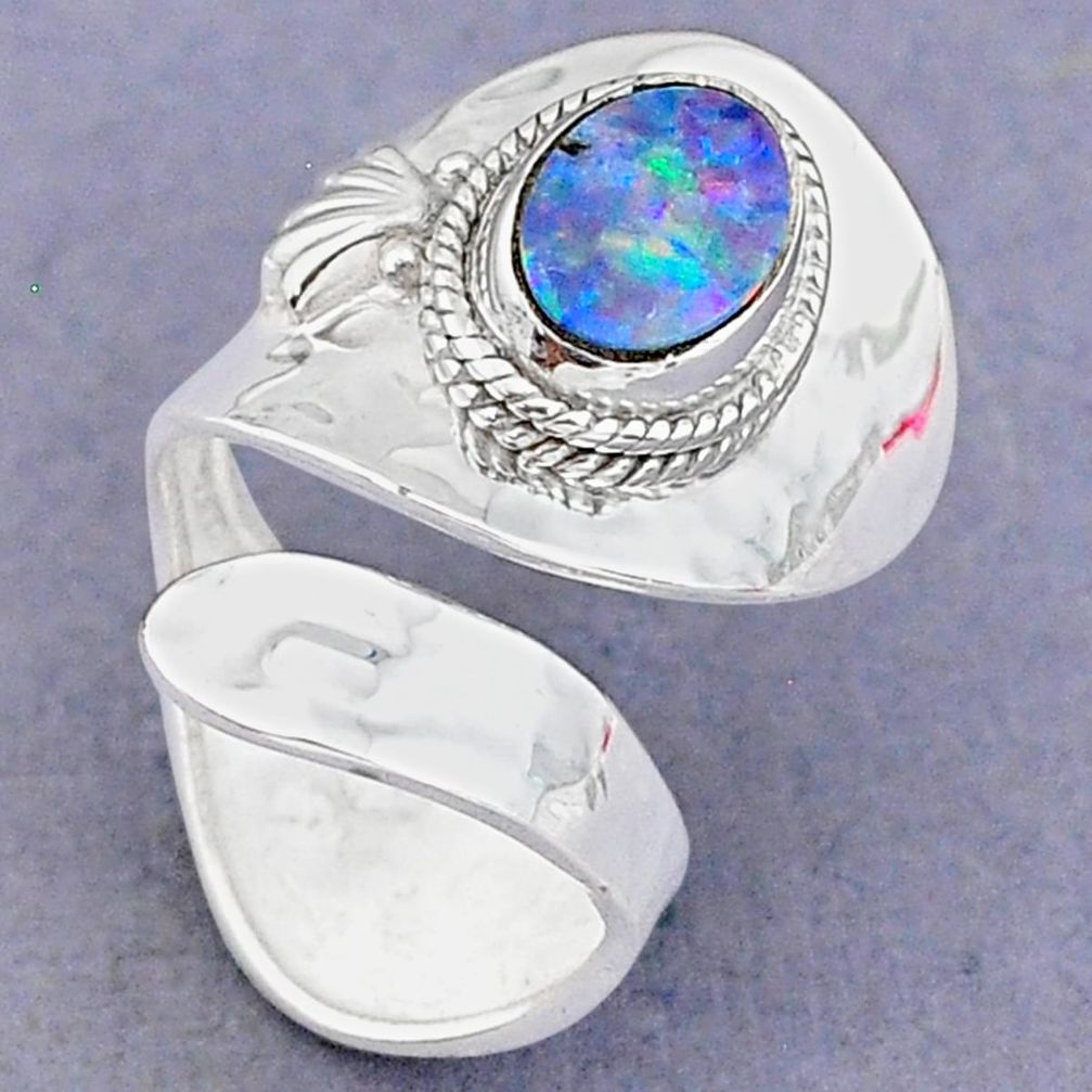 2.40cts natural blue doublet opal australian silver adjustable ring size 7 t8681