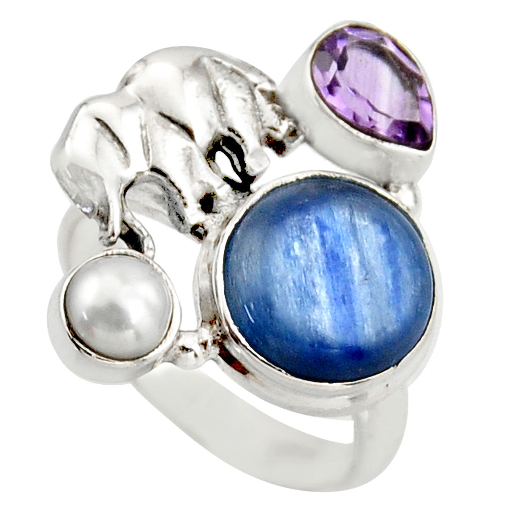 7.40cts natural blue kyanite amethyst 925 silver elephant ring size 6.5 d46060