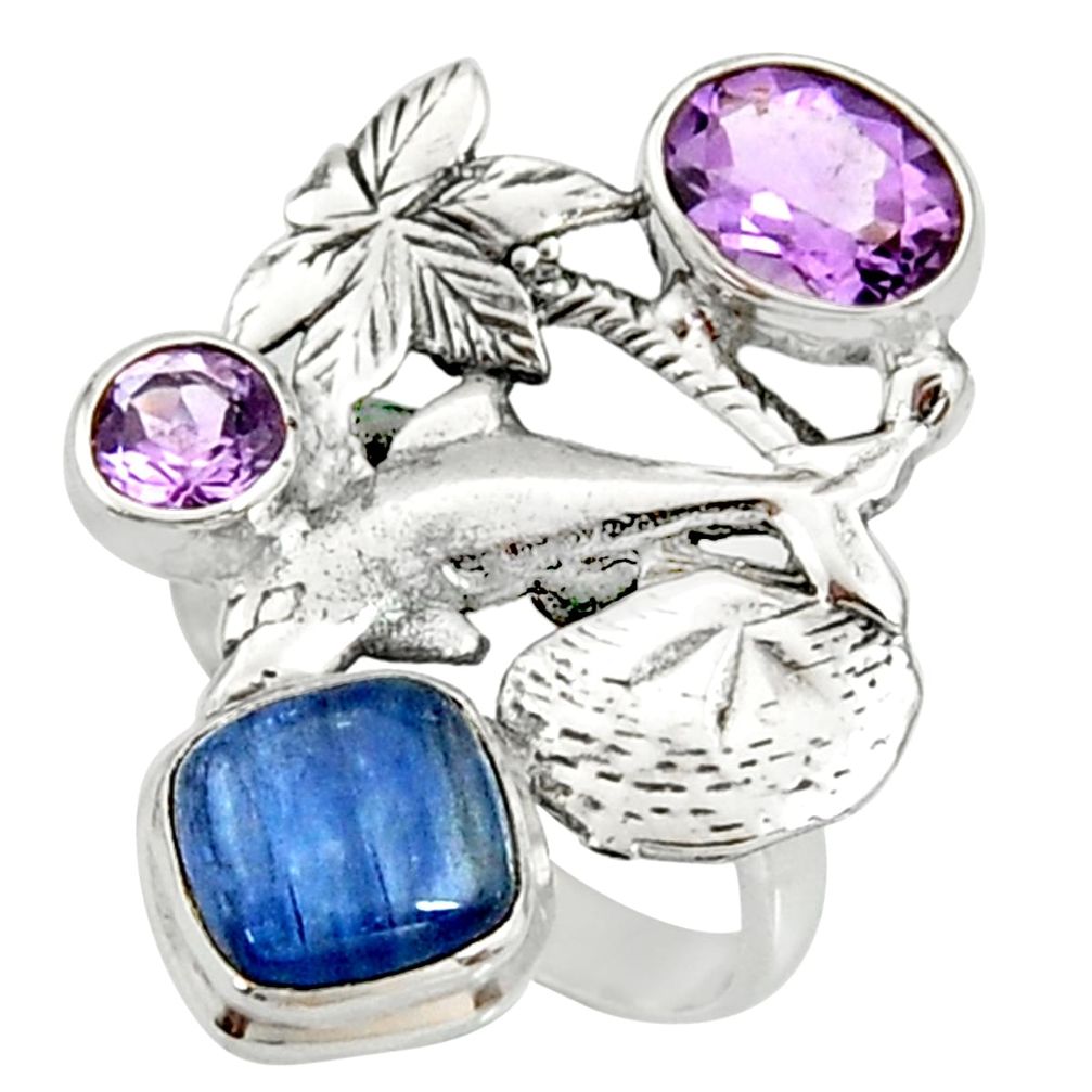 6.76cts natural blue kyanite amethyst 925 sterling silver ring size 8 r22653