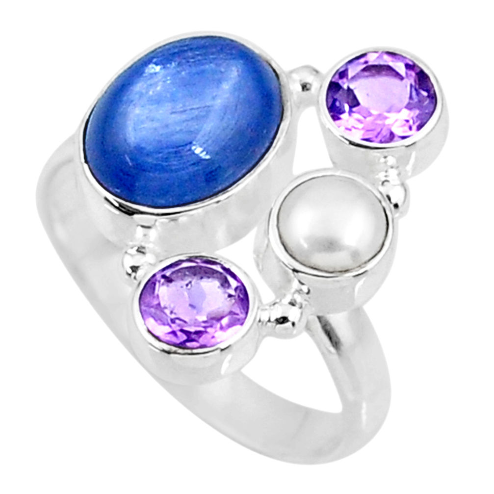 6.04cts natural blue kyanite amethyst 925 sterling silver ring size 8 r57565
