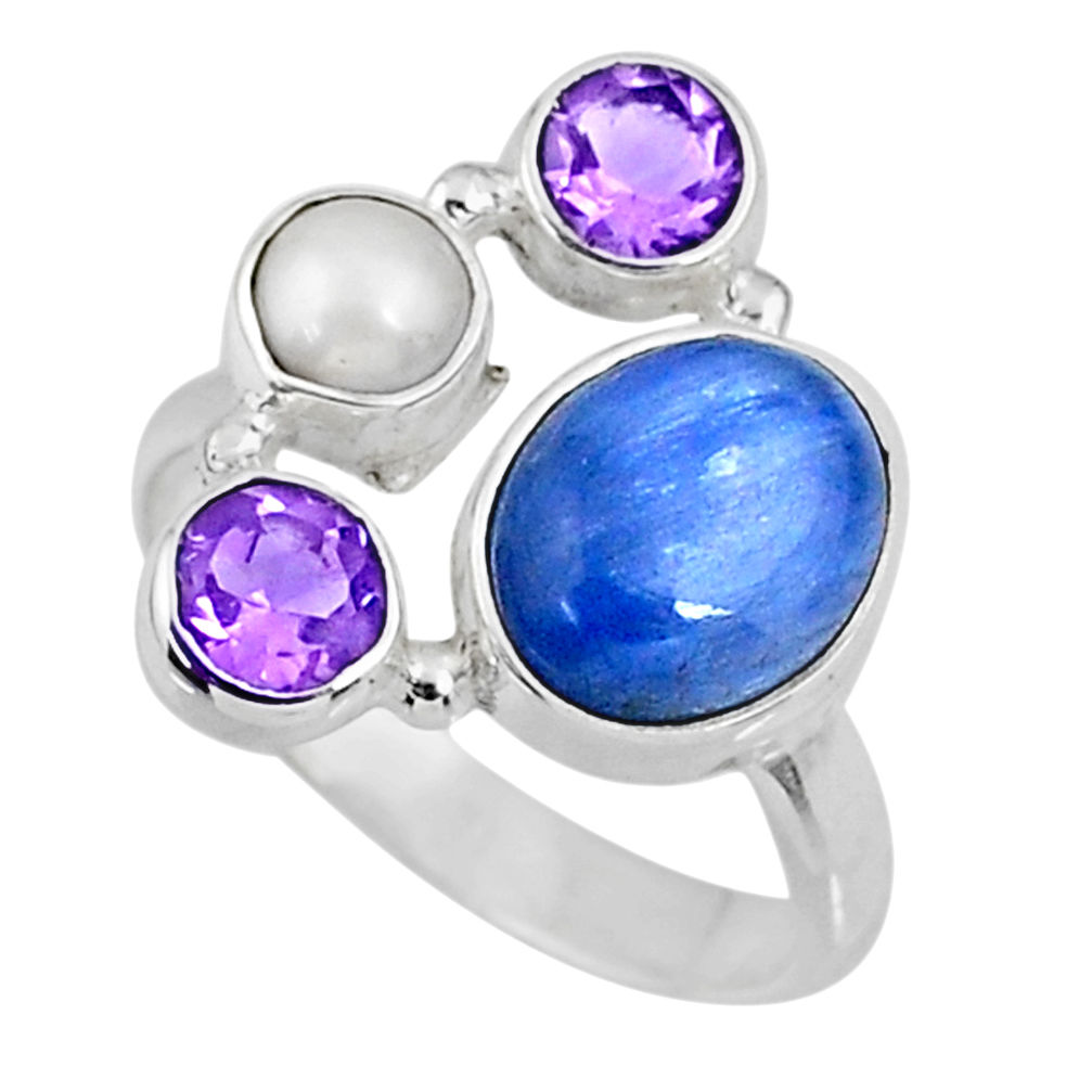 6.36cts natural blue kyanite amethyst 925 sterling silver ring size 8 r57588