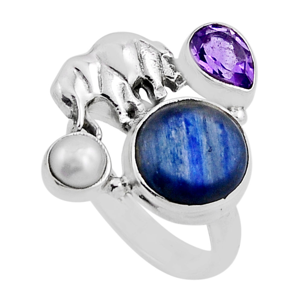 7.31cts natural blue kyanite amethyst pearl silver elephant ring size 6.5 n25844