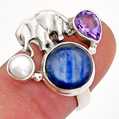 7.35cts natural blue kyanite amethyst pearl silver elephant ring size 6.5 y20778