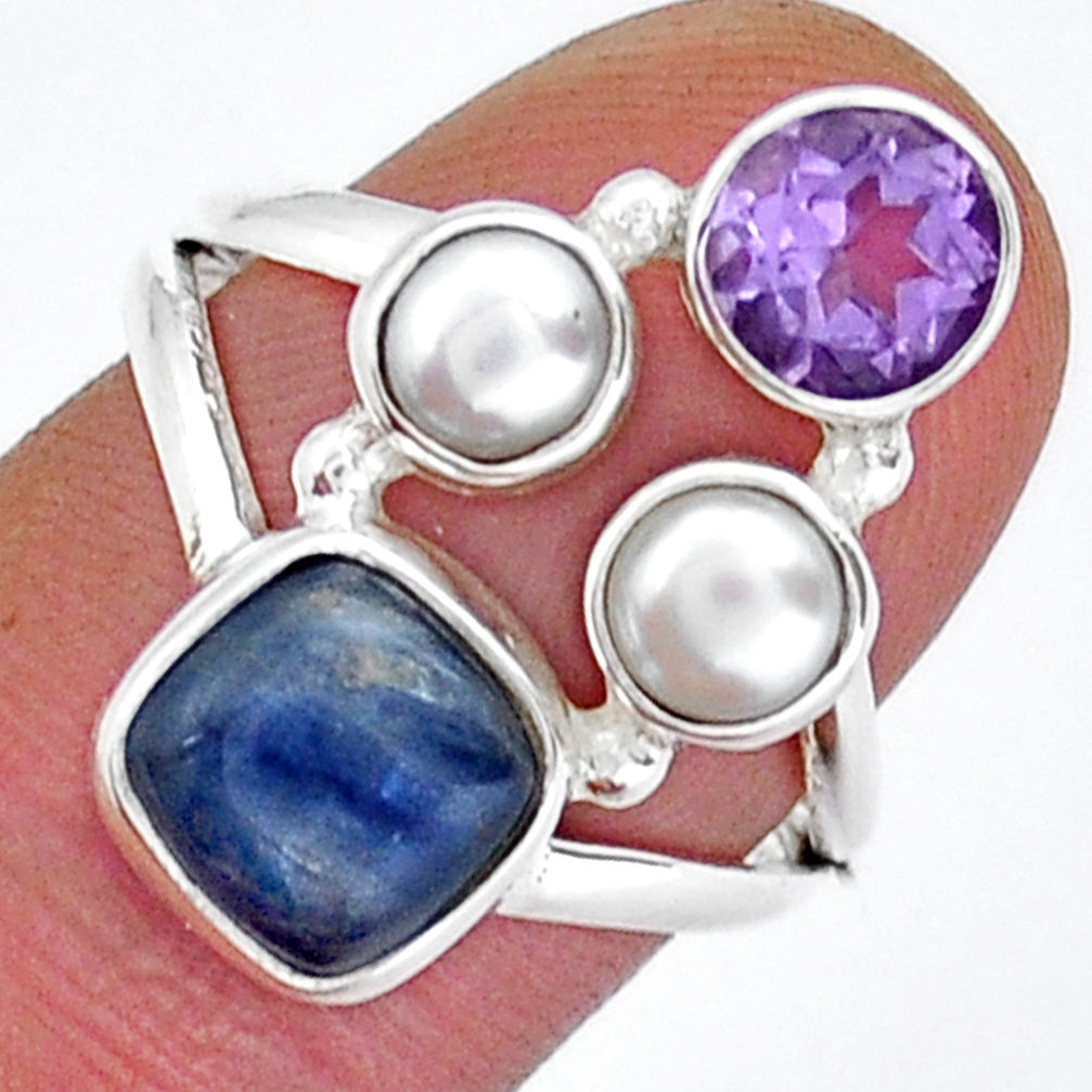 5.79cts natural blue kyanite amethyst pearl silver ring jewelry size 8 y17859