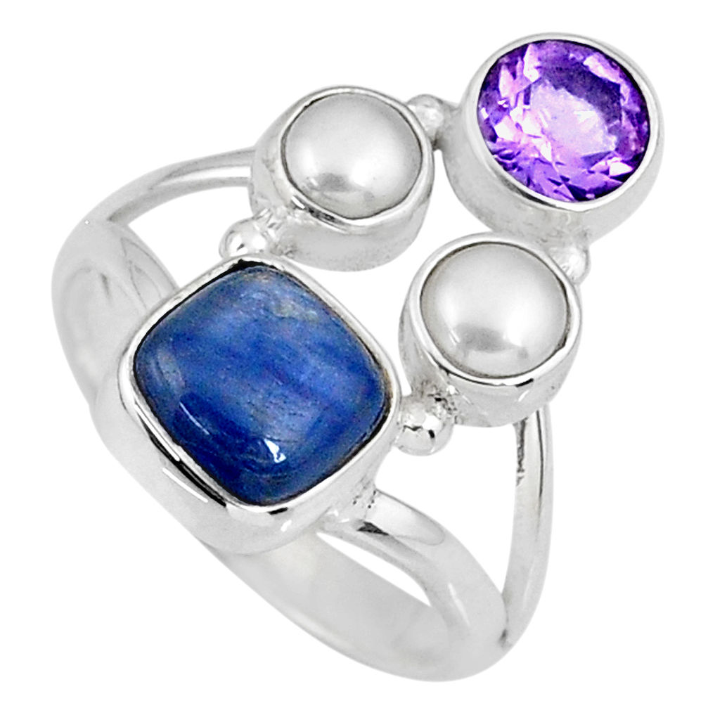 6.31cts natural blue kyanite amethyst white pearl 925 silver ring size 8 r58411