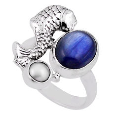 5.07cts natural blue kyanite pearl 925 sterling silver fish ring size 6.5 n33924