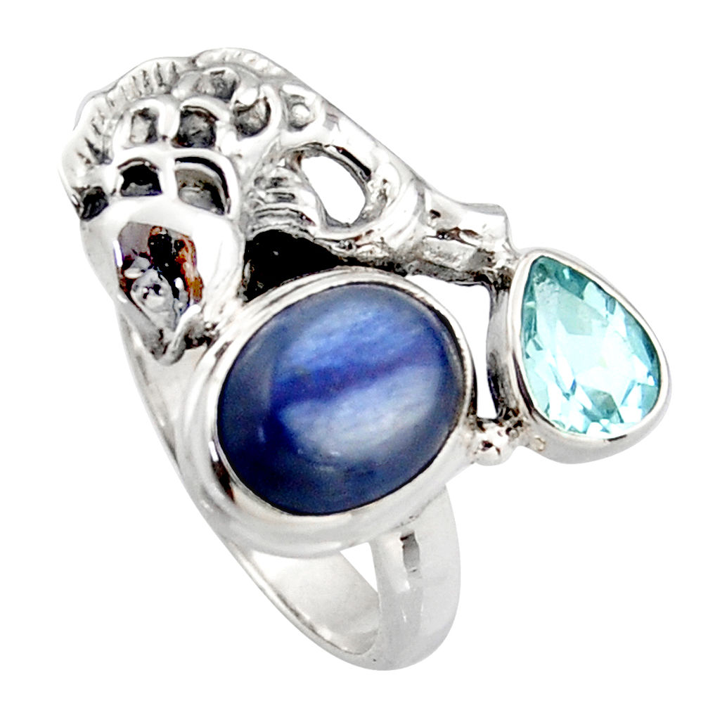 5.42cts natural blue kyanite topaz 925 sterling silver fish ring size 6 d46054