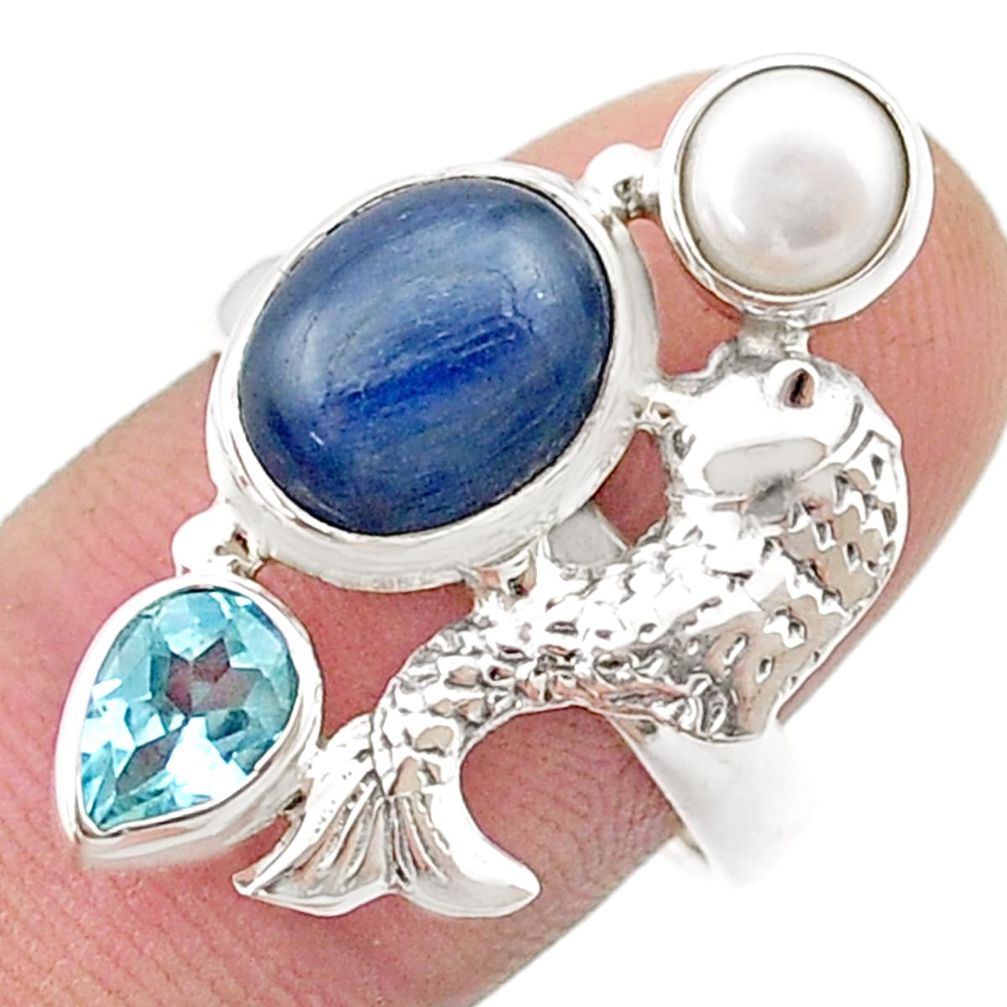 7.38cts natural blue kyanite topaz pearl 925 silver fish ring size 8.5 d47652