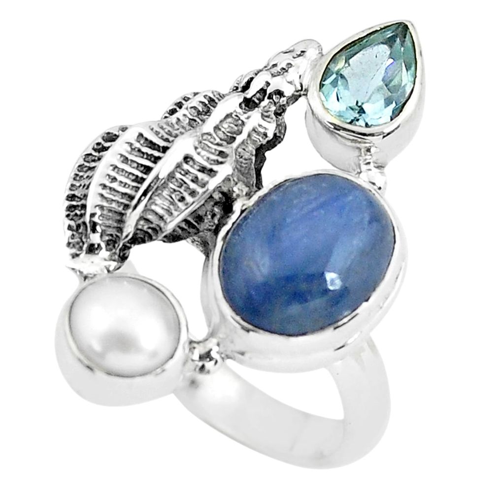 7.62cts natural blue kyanite topaz pearl 925 sterling silver ring size 9 p61087