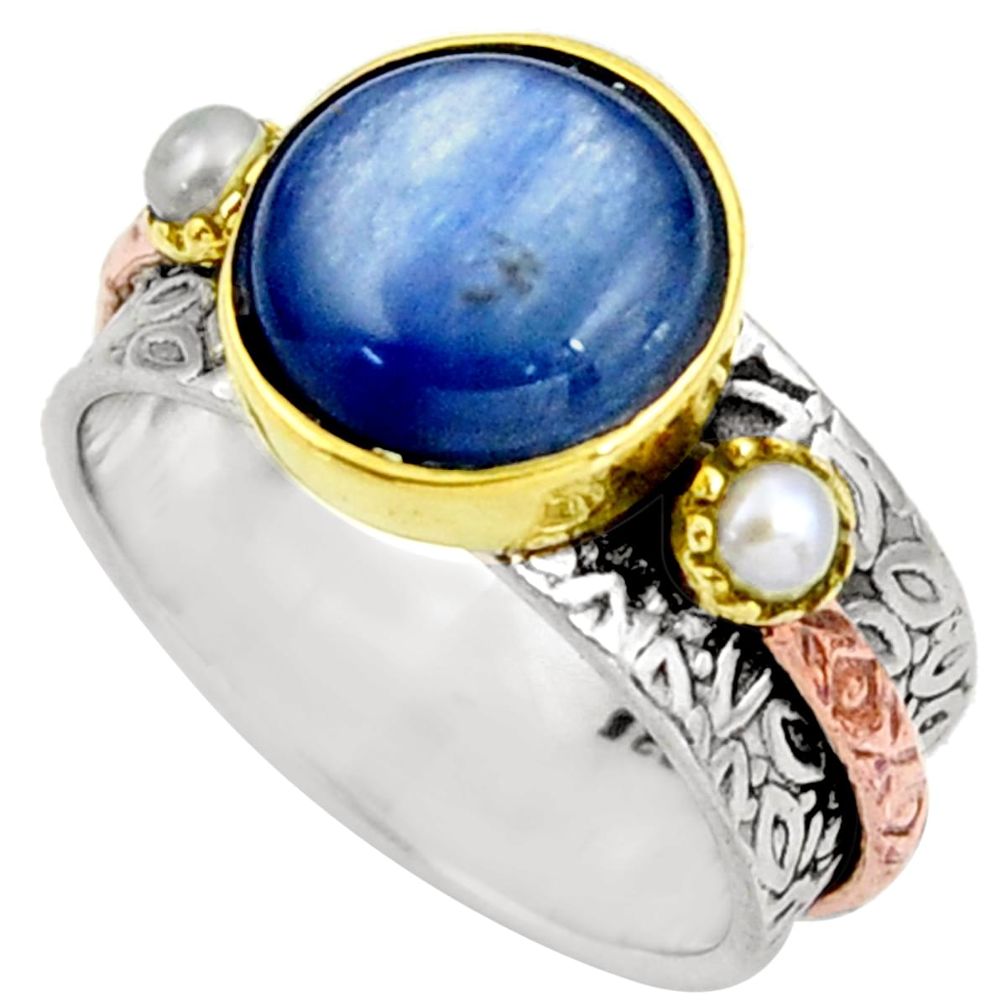 6.52cts natural blue kyanite white pearl 925 silver 14k gold ring size 7 d39111