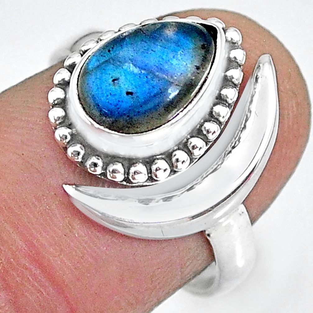 2.56cts natural blue labradorite 925 silver adjustable moon ring size 7.5 r89678