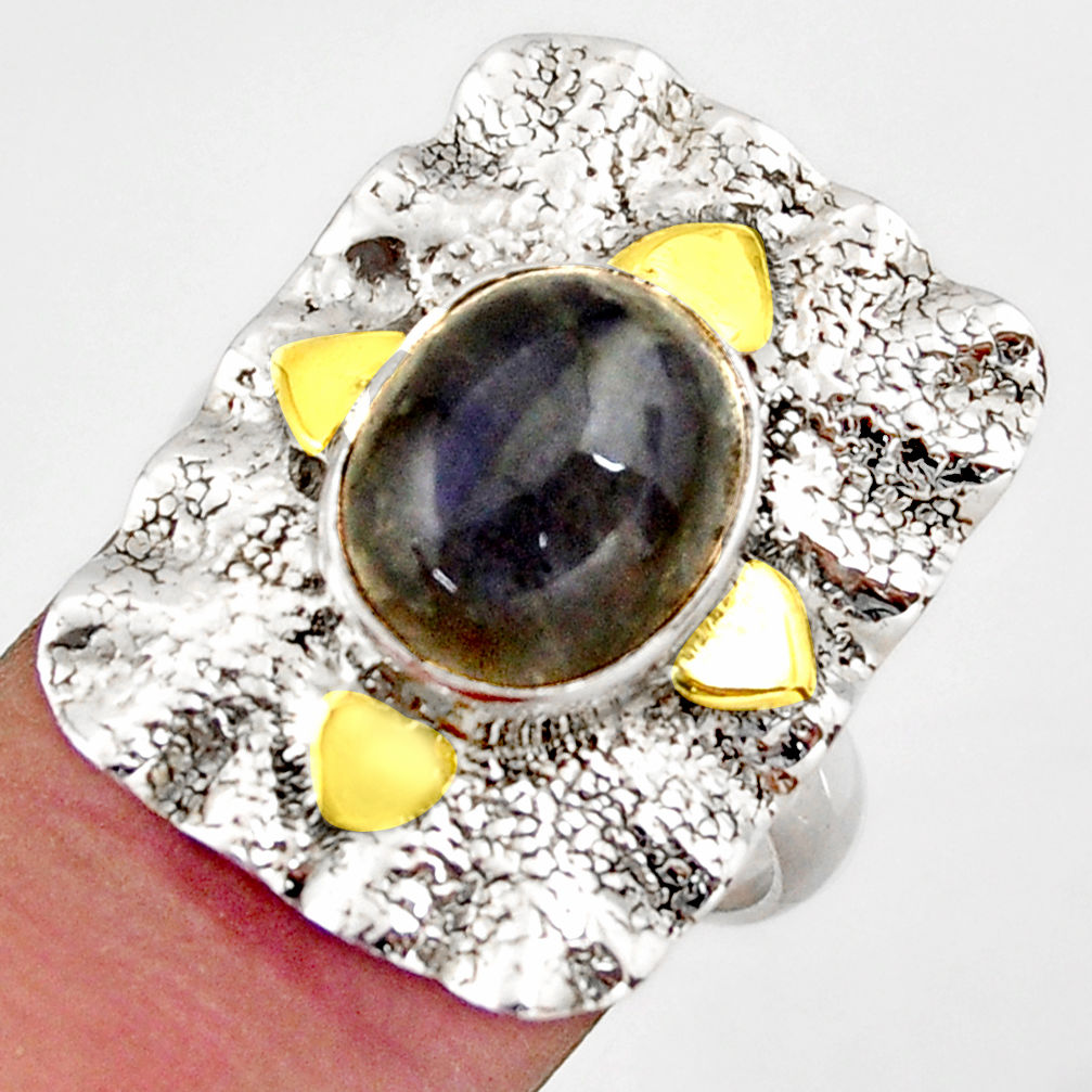 5.75cts natural blue labradorite 925 silver gold solitaire ring size 7.5 d46233