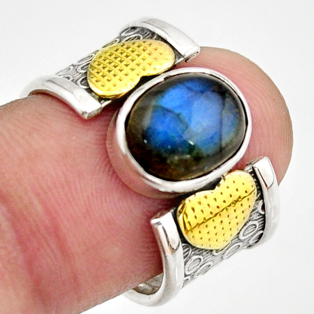 4.38cts natural blue labradorite 925 silver gold solitaire ring size 7.5 d46339
