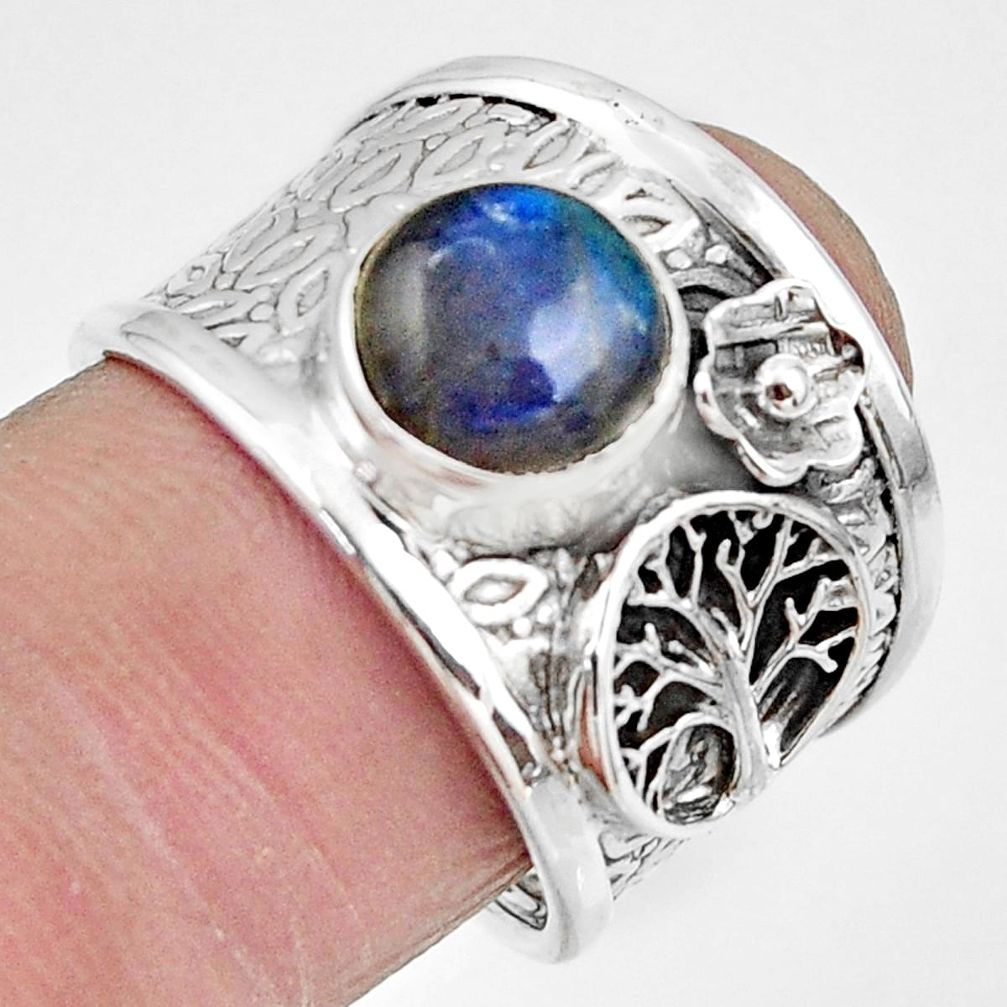 3.29cts natural blue labradorite 925 silver tree of life ring size 7.5 r49833