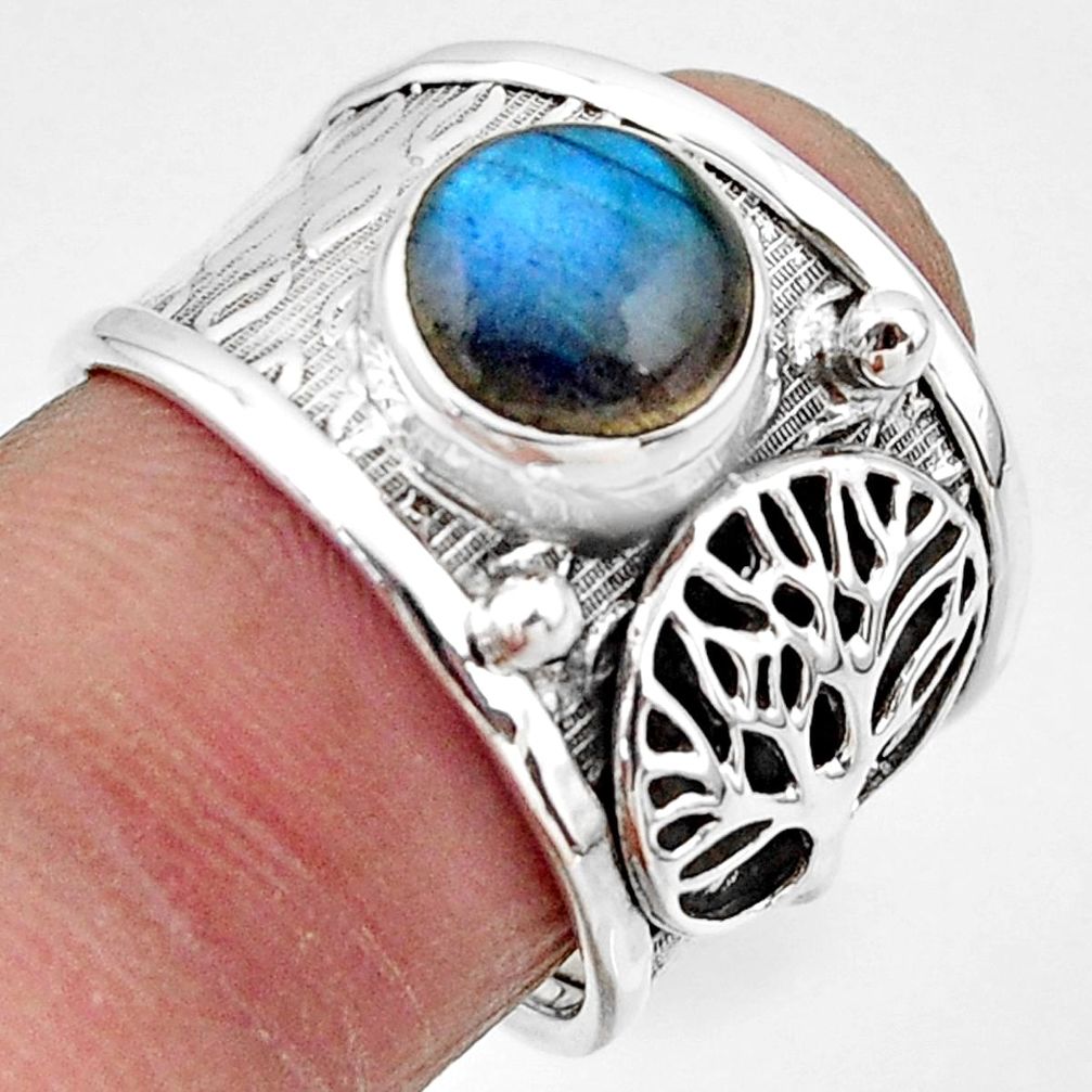 3.29cts natural blue labradorite 925 silver tree of life ring size 7 r49830