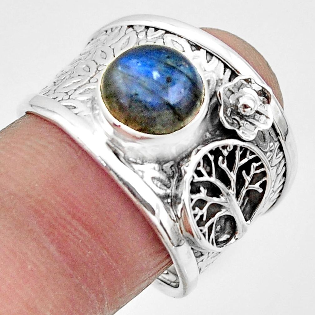 3.29cts natural blue labradorite 925 silver tree of life ring size 8 r49838