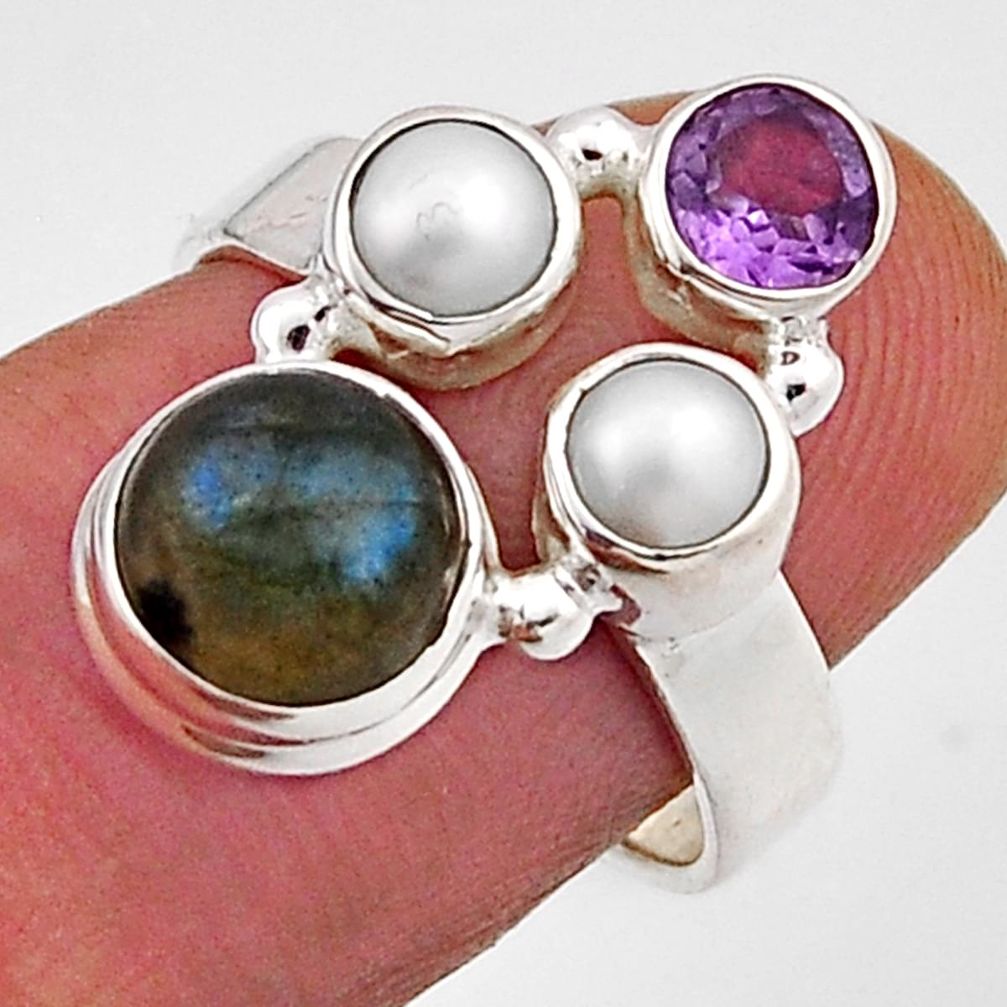 5.53cts natural blue labradorite amethyst pearl 925 silver ring size 7 n12515