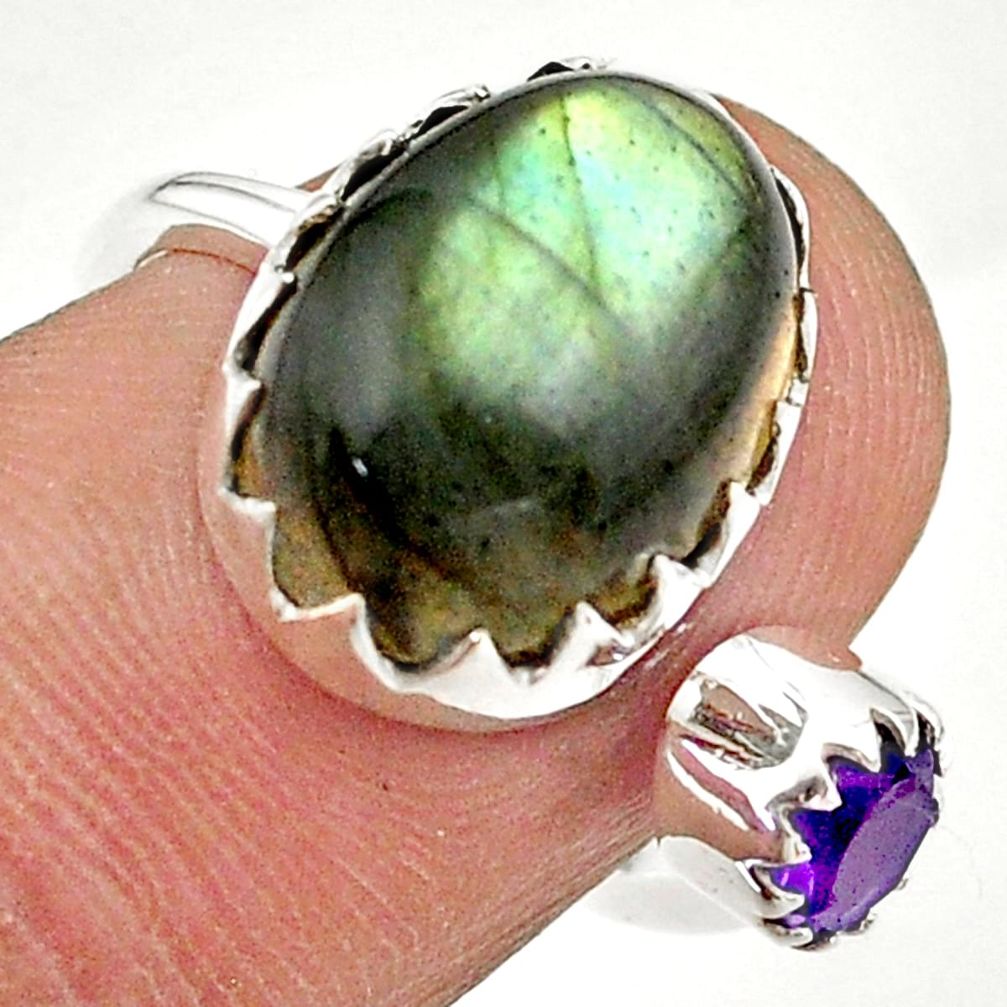 6.83cts natural blue labradorite amethyst silver adjustable ring size 6 t43481