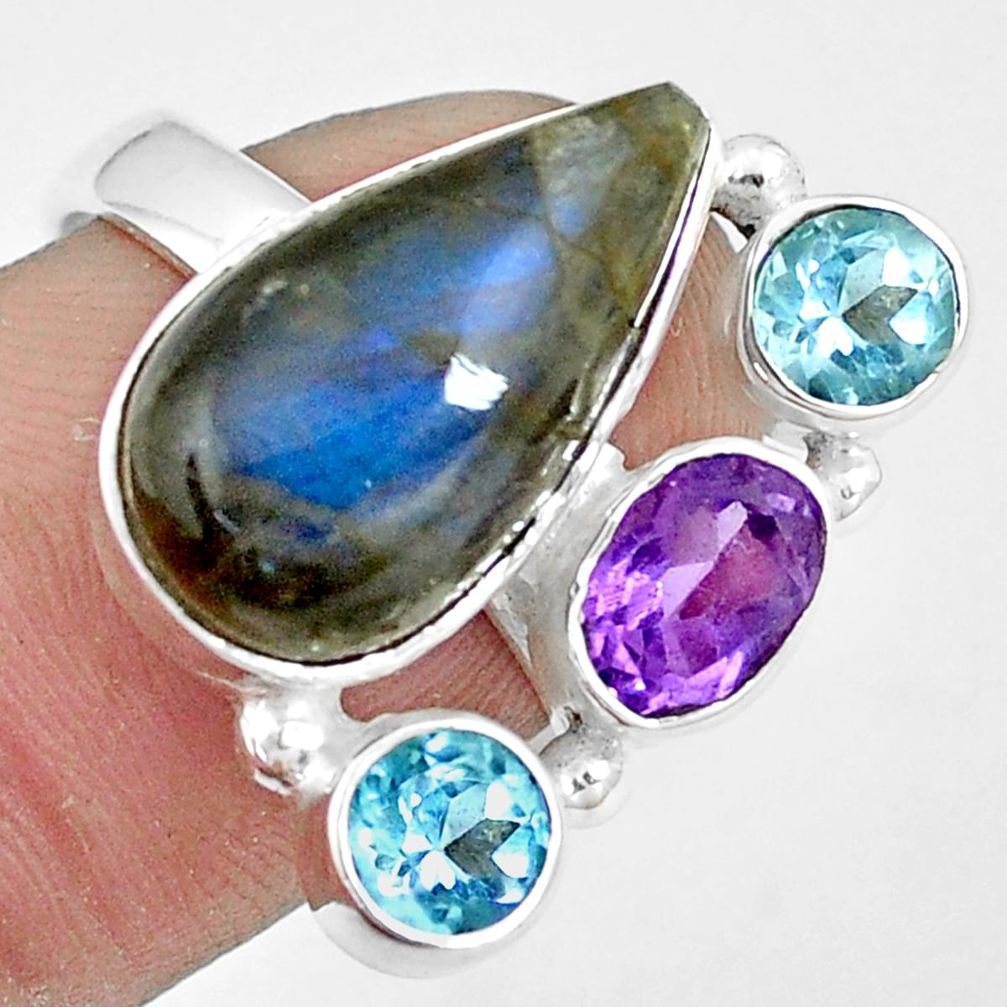 12.40cts natural blue labradorite amethyst topaz 925 silver ring size 7.5 p10921