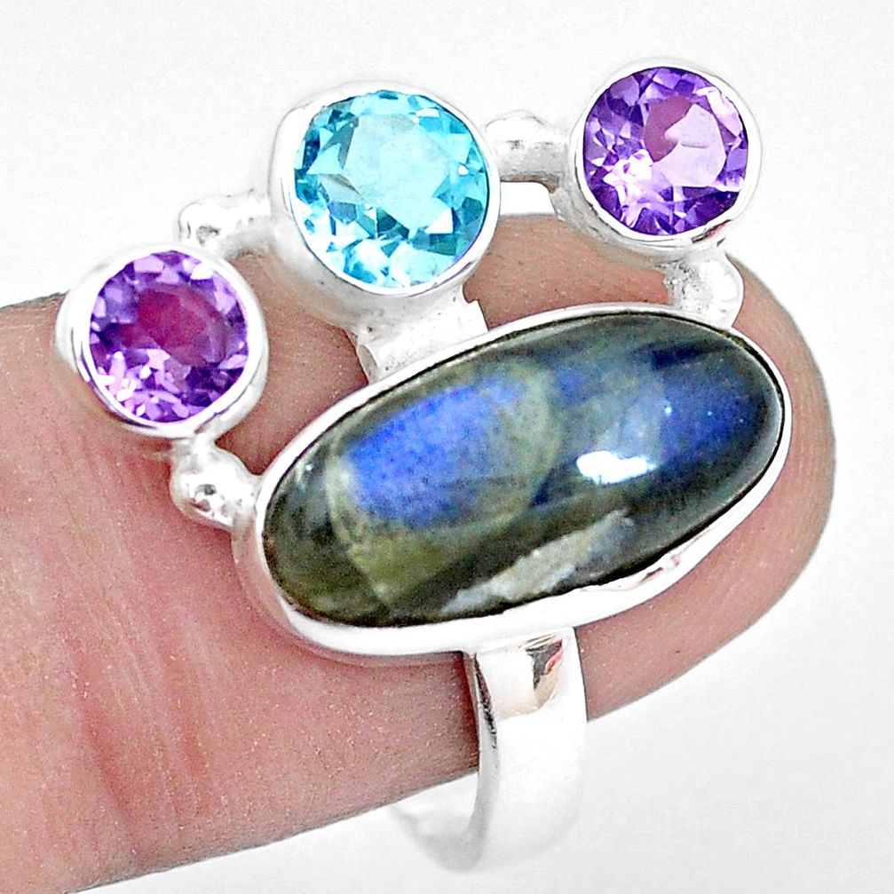 10.64cts natural blue labradorite amethyst topaz 925 silver ring size 8.5 p22276