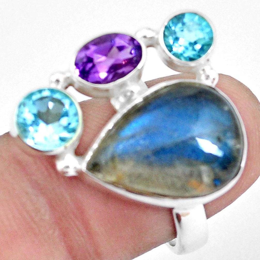 15.31cts natural blue labradorite amethyst topaz 925 silver ring size 7 p22267