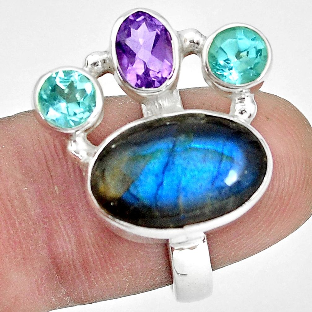 9.72cts natural blue labradorite amethyst topaz 925 silver ring size 7 p32827