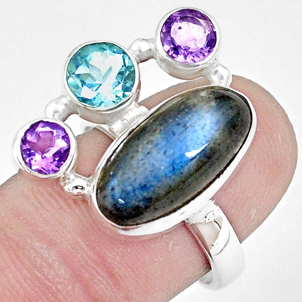 10.70cts natural blue labradorite amethyst topaz 925 silver ring size 8 p10919