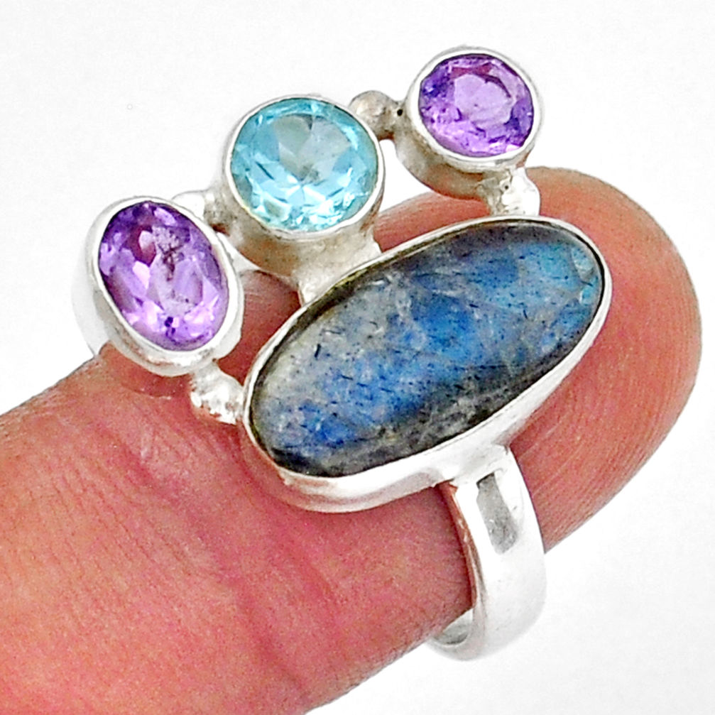 10.30cts natural blue labradorite amethyst topaz 925 silver ring size 7.5 y18346