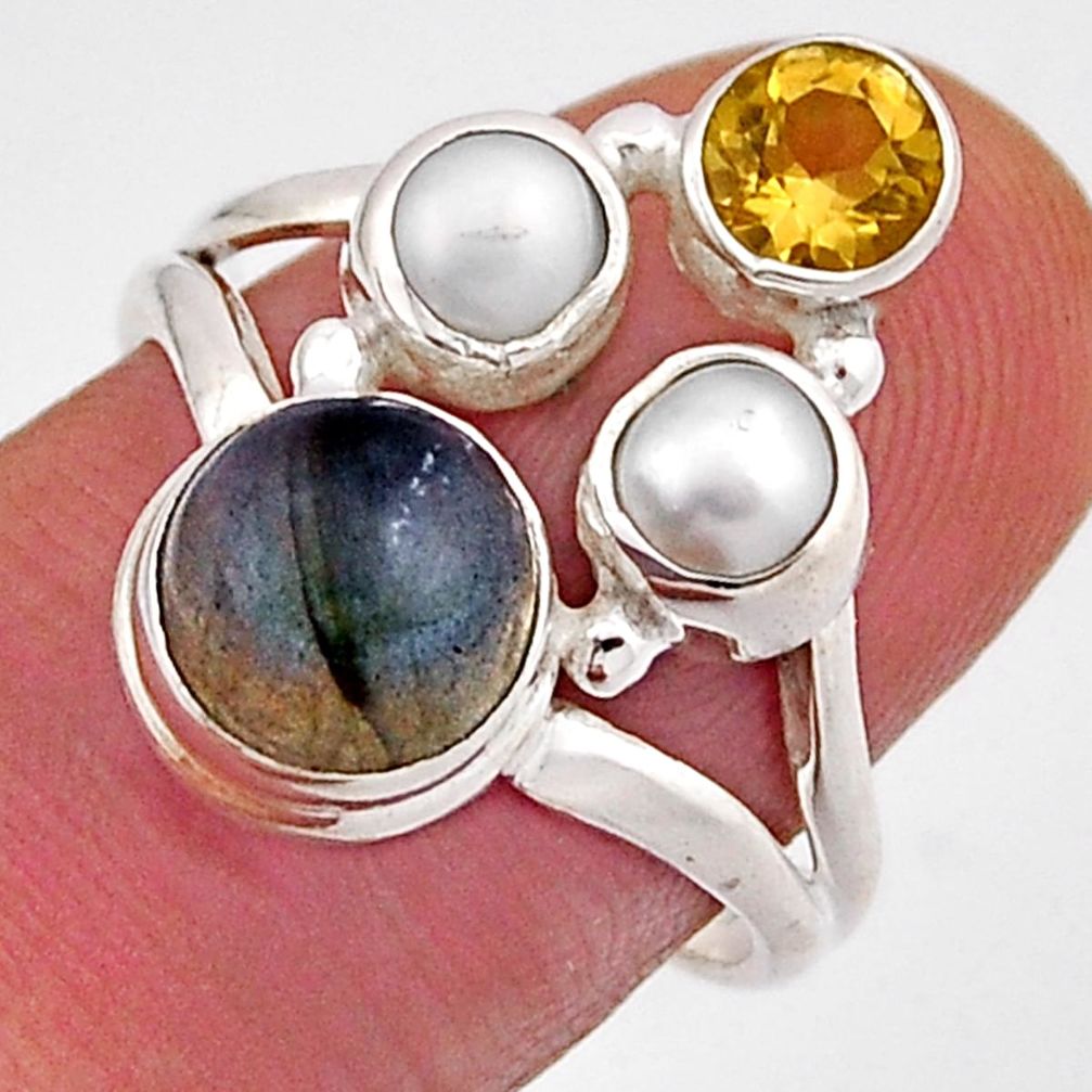 6.29cts natural blue labradorite citrine pearl 925 silver ring size 7.5 n12513
