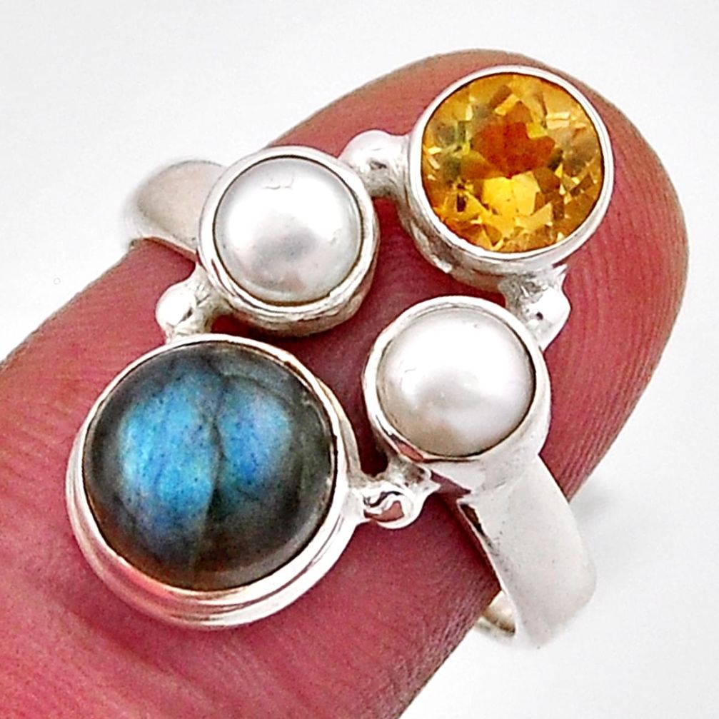 6.25cts natural blue labradorite citrine pearl 925 silver ring size 7.5 n12576