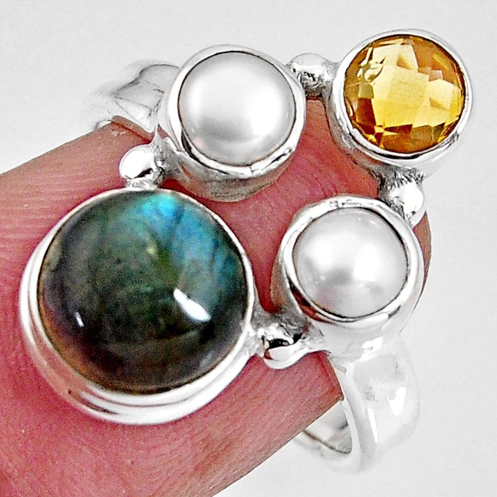 blue labradorite citrine pearl 925 silver ring size 6.5 p90627