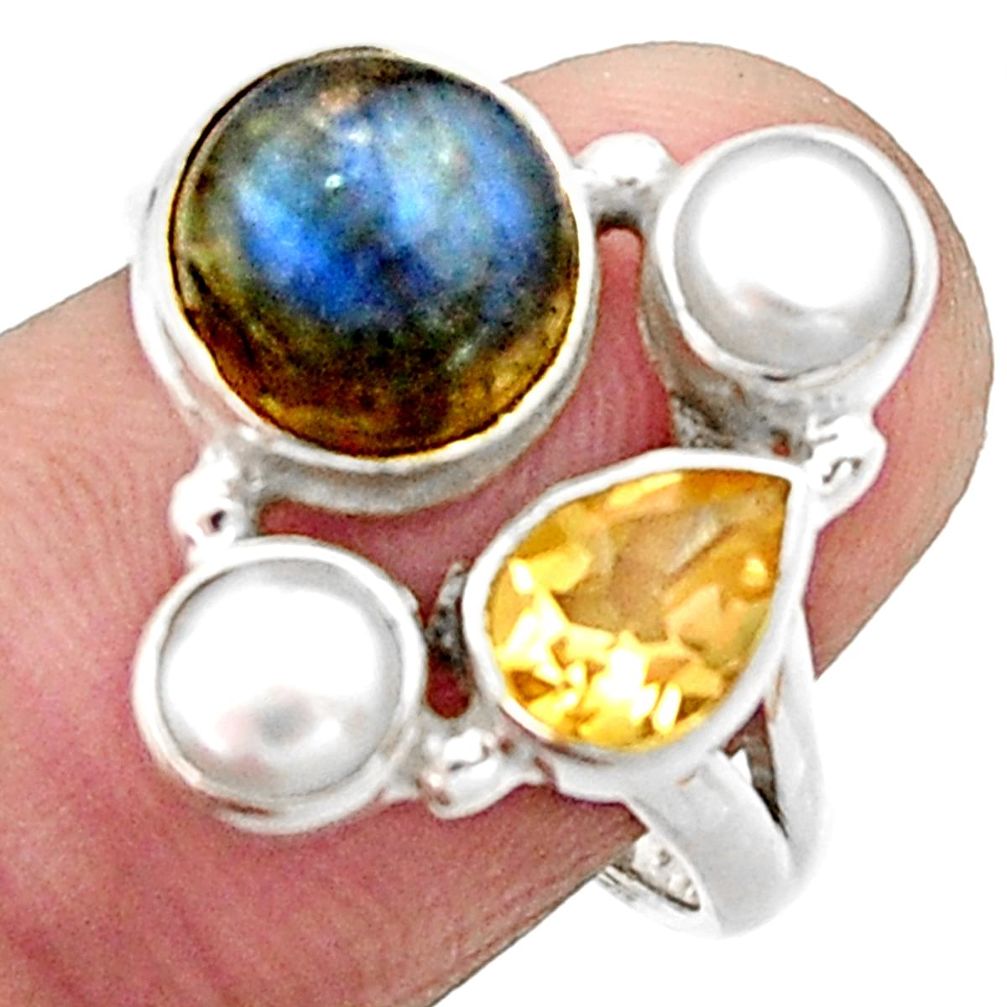 6.31cts natural blue labradorite citrine pearl 925 silver ring size 7 r22936