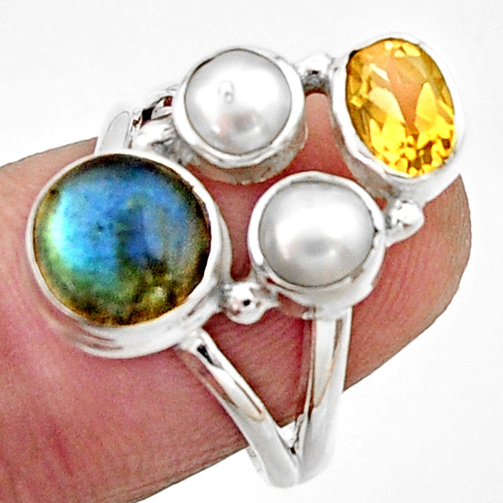 5.87cts natural blue labradorite citrine pearl 925 silver ring size 7 r22937