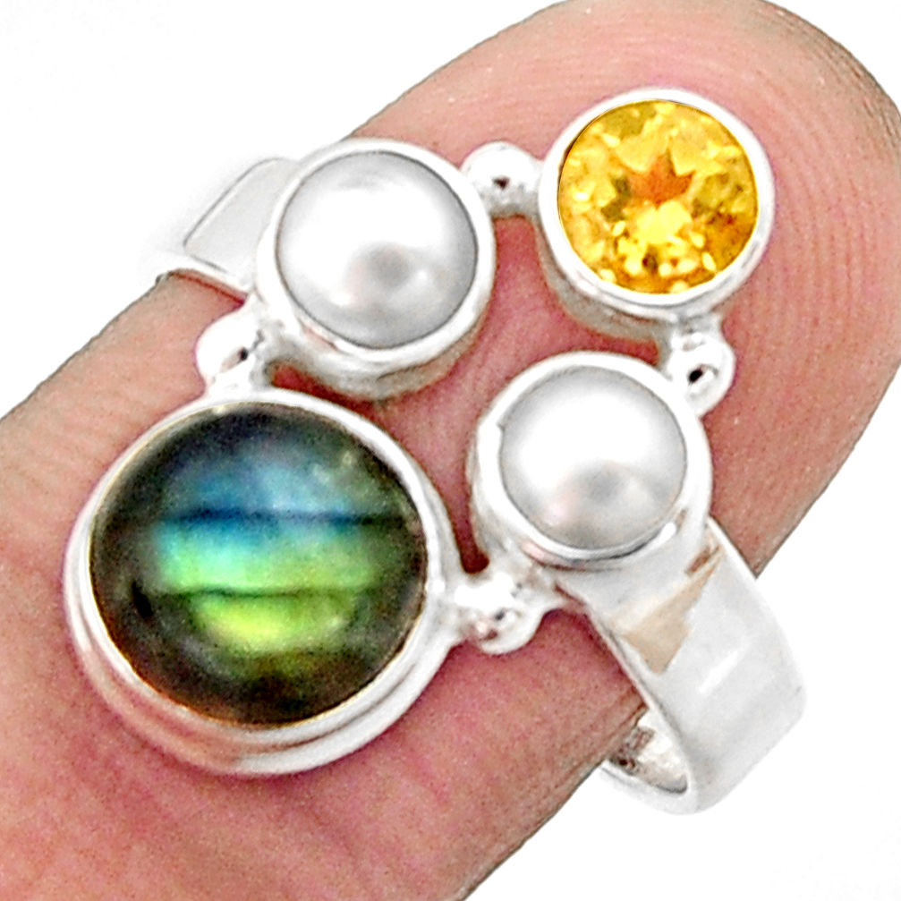 5.53cts natural blue labradorite citrine pearl 925 silver ring size 8 r22924