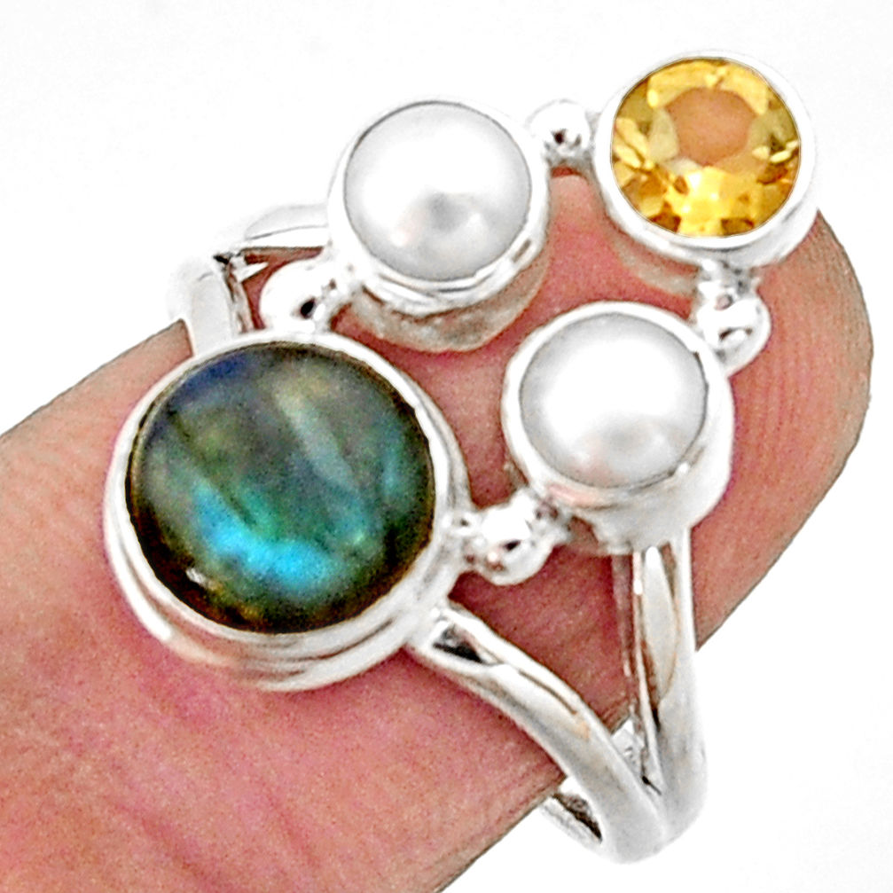 5.53cts natural blue labradorite citrine pearl 925 silver ring size 8 r22938
