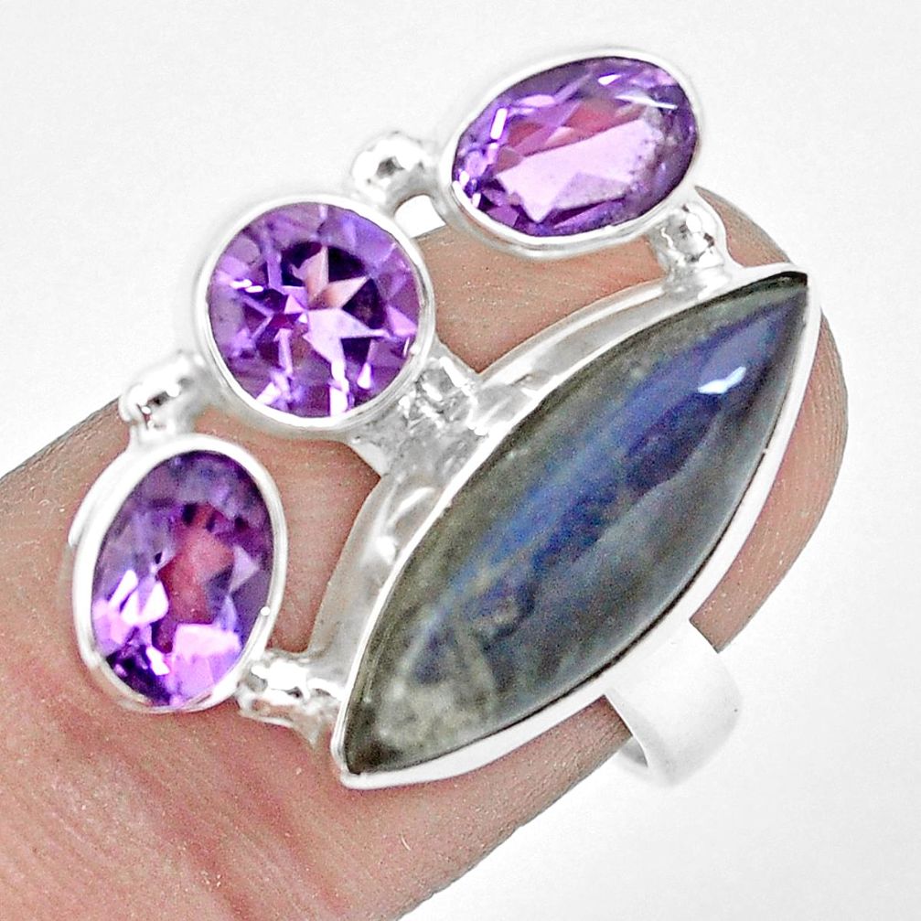 12.04cts natural blue labradorite purple amethyst 925 silver ring size 8 p22262