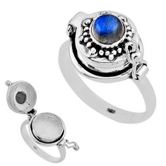 0.94cts natural blue labradorite round silver poison box ring size 9.5 n31983