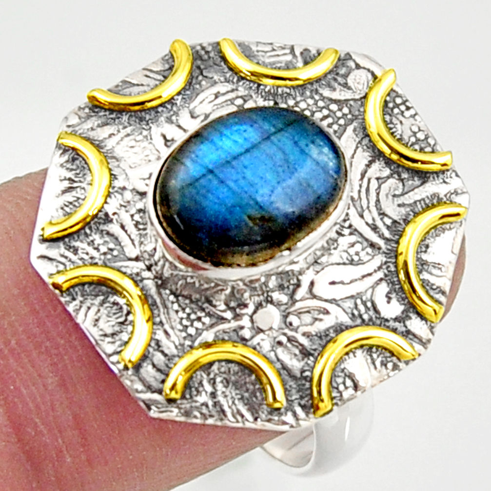 3.16cts natural blue labradorite silver 14k gold solitaire ring size 7.5 r37275