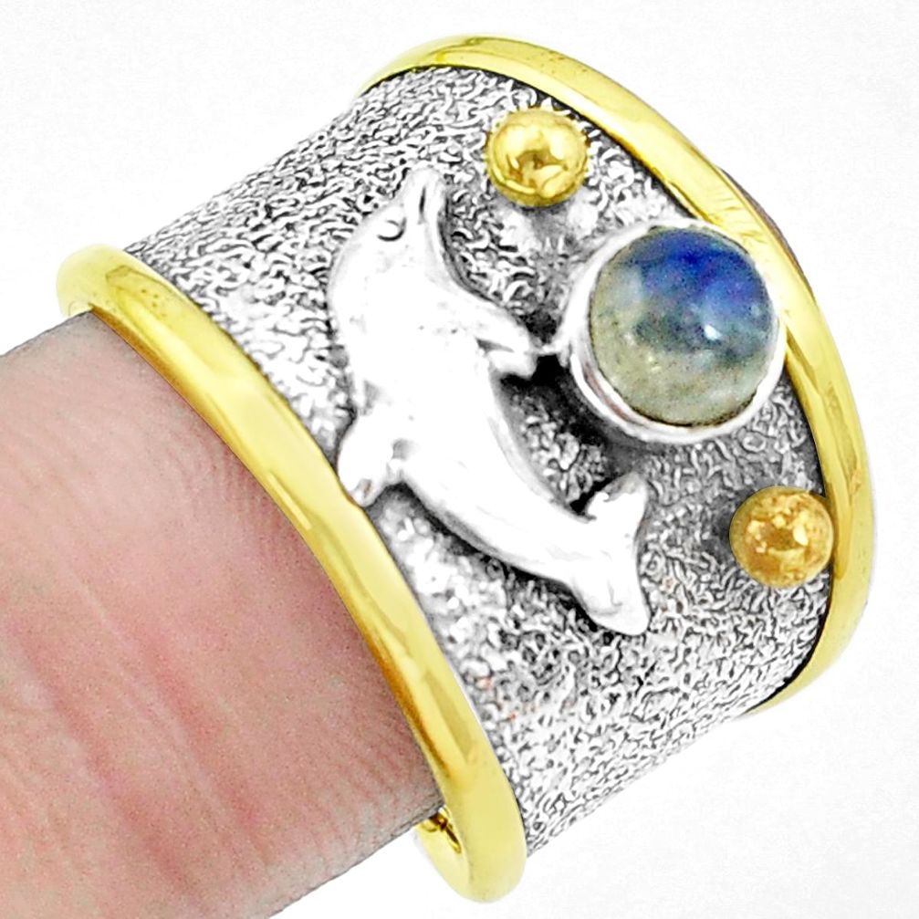 Natural blue labradorite silver two tone dolphin solitaire ring size 8 p22676