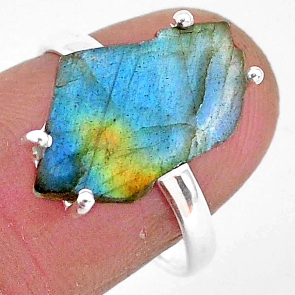 6.62cts natural blue labradorite slice 925 silver solitaire ring size 7.5 r95492