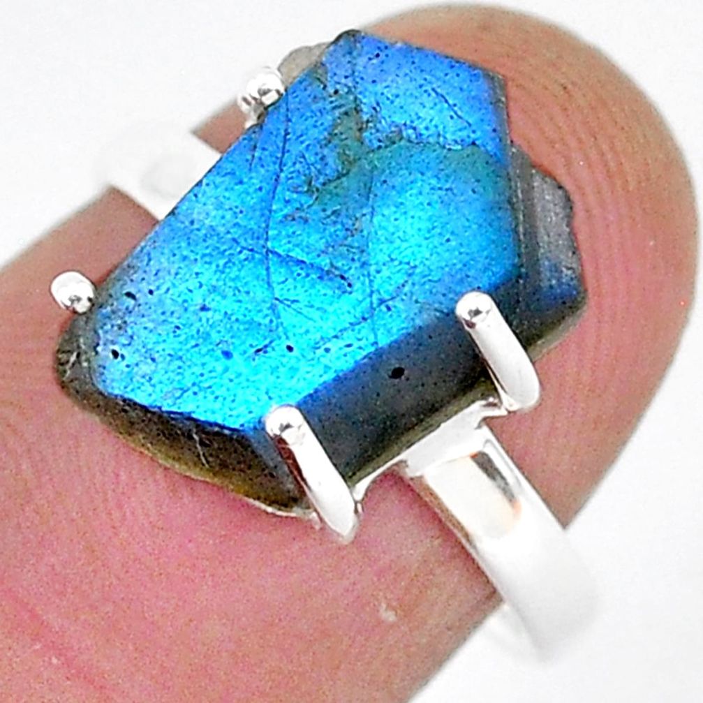 6.49cts natural blue labradorite slice 925 silver solitaire ring size 7.5 r95499
