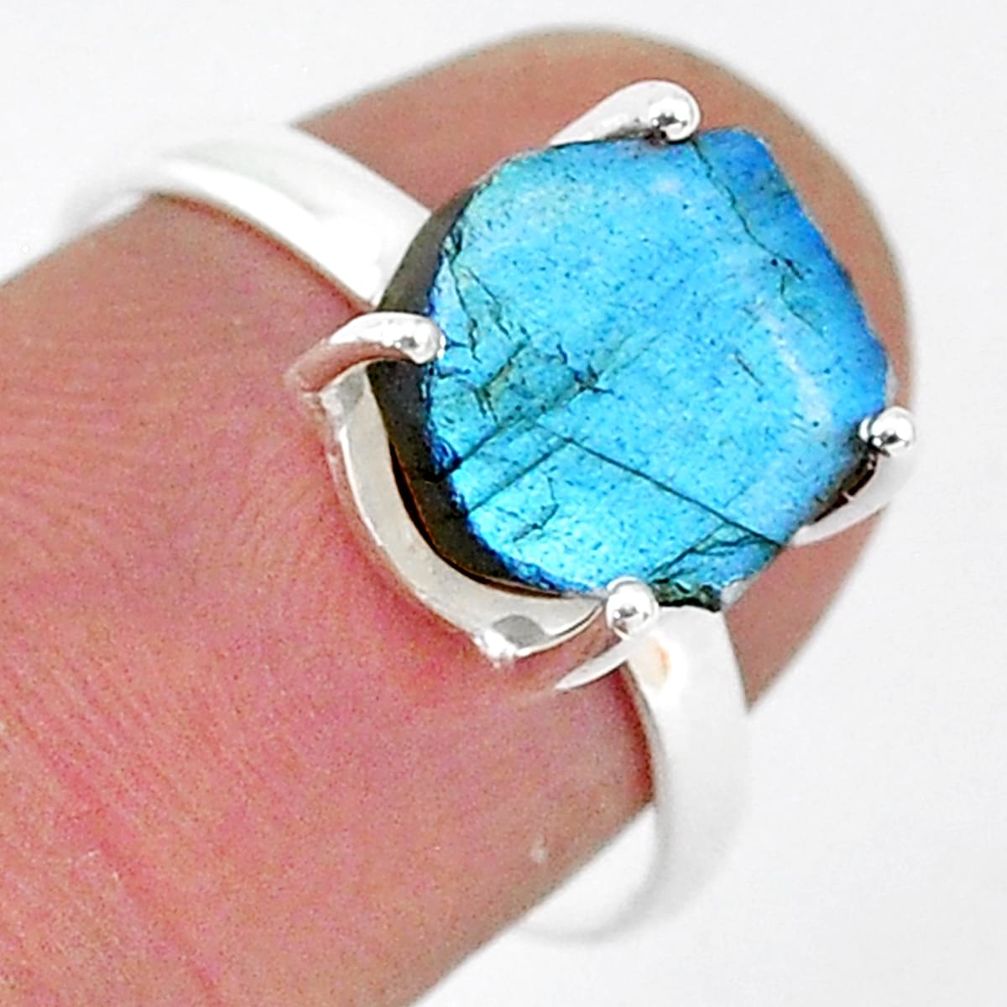 5.91cts natural blue labradorite slice 925 silver solitaire ring size 7.5 r95500